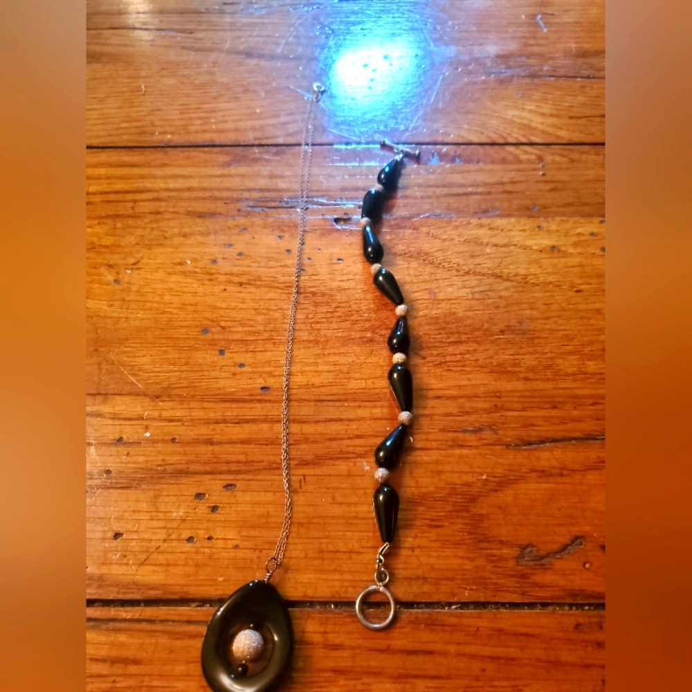 Black glass bead necklace with bracelet set